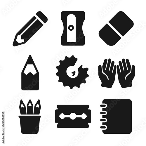 Pencil Tool Icons. Solid, filled icons set of Pencil maintenance: pencil, sharpener, eraser, pencil tip,