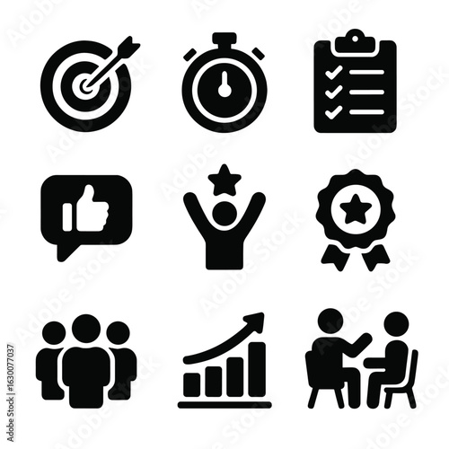 Performance Coaching Icons. Solid, filled icons set of Performance coaching elements: goal target, stopwatch,