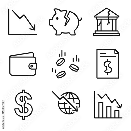 Economic Collapse Icons. Outline icon set of economic collapse: falling stock graph, broken piggy bank, bank building with cracks,