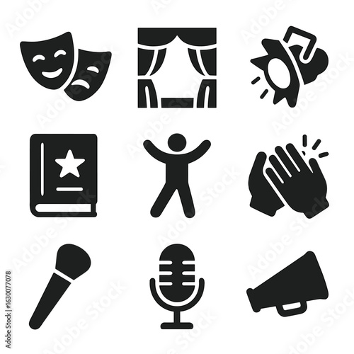 Performance Skills Icons. Solid, filled icons set of performance skills: drama mask, stage curtain, spotlight,