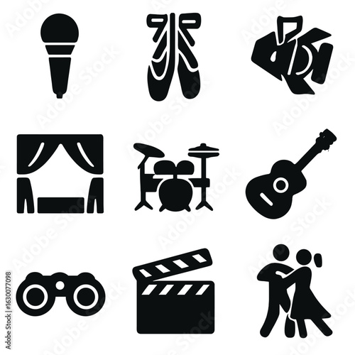 Performing Arts Icons. Solid, filled icons set of performing arts: microphone, ballet shoes, spotlight, stage