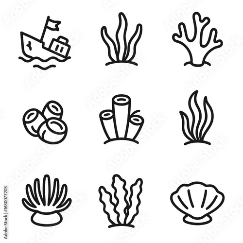 Marine Life Icons. Outline icon set of shipwreck marine life: algae, coral, barnacle, sponge, kelp, anemone, seaweed, plankton,
