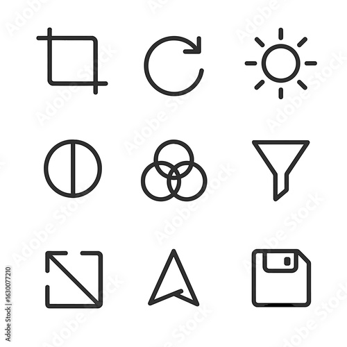 JPEG Editing Icons. Outline icon set of JPEG editing tools: crop tool, rotate arrow, brightness slider, contrast dial, color
