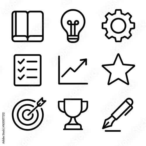 Personal Growth Icons. Outline icon set of personal development tools: book, lightbulb, gear, checklist, chart