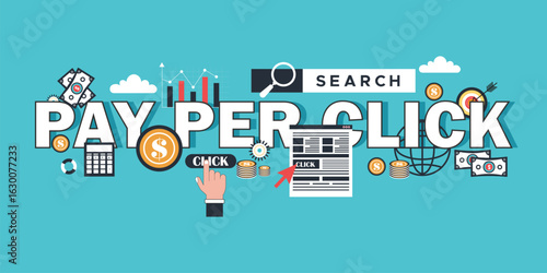 Pay per click word concepts banner. Digital marketing tactic. Internet advertising model. Presentation, website