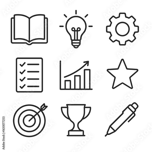 Personal Growth Icons. Outline icon set of personal development tools: book, lightbulb, gear, checklist, chart