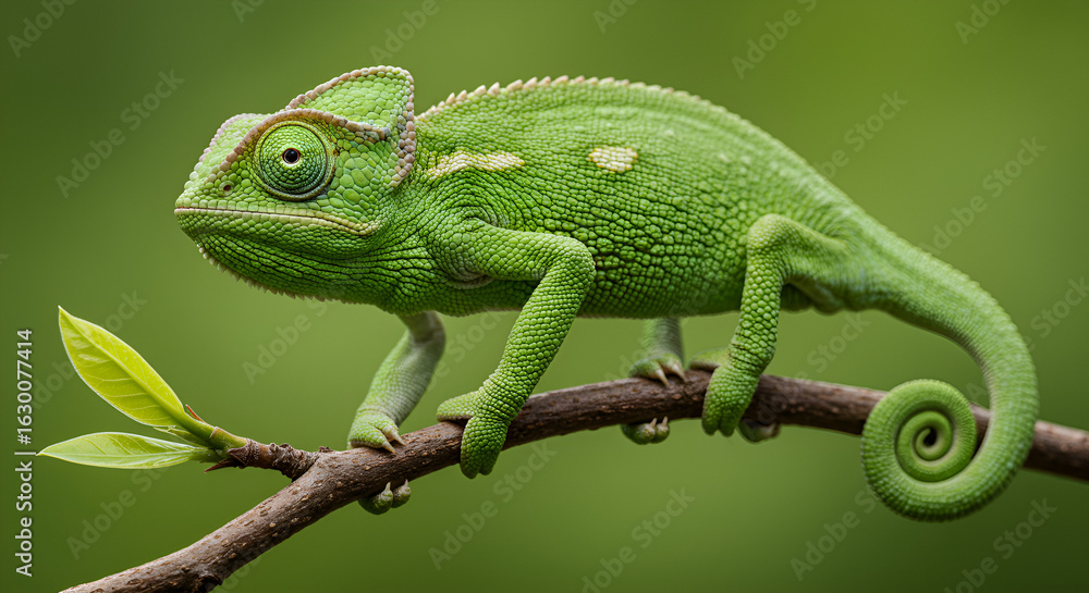 Obraz premium Green chameleon climbing a branch with green background. Detailed skin texture and curled tail clearly visible.