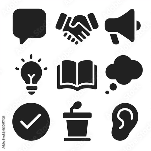 Persuasion Icon Grid. Solid, filled icons set of persuasion in conversation: speech bubble, handshake,
