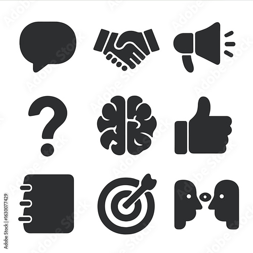 Persuasive Techniques Icons. Solid, filled icons set of persuasive techniques: speech bubble, handshake,