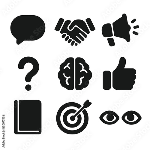 Persuasive Techniques Icons. Solid, filled icons set of persuasive techniques: speech bubble, handshake,