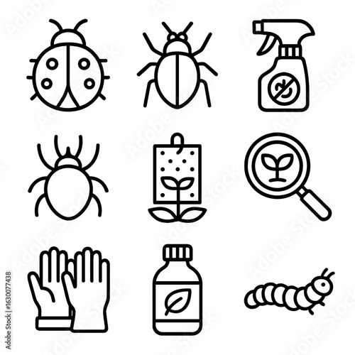 Pest Management Icons. Outline icon set of pest management in plants: ladybug, aphid, insecticide, spider mite