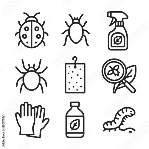 Pest Management Icons. Outline icon set of pest management in plants: ladybug, aphid, insecticide, spider mite