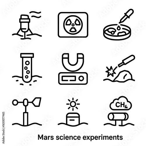 Mars Experiment Icons. Outline icon set of Mars science experiments: atmospheric sampling, radiations dosimeter, bio-detection