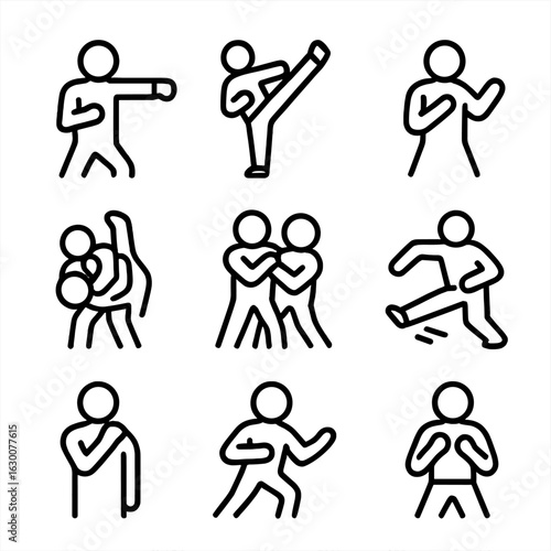 Martial Arts Icon Set. Outline icon set of martial arts moves: punch, kick, block, throw, grapple, sweep, choke, parry, stance.