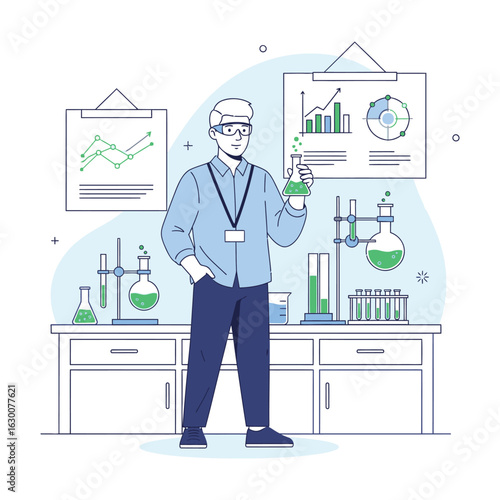 Male scientist in a modern laboratory analyzing a chemical compound in a flask, a concept of scientific research, discovery, and innovation.