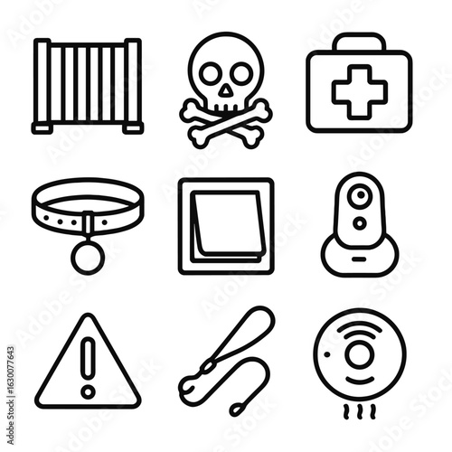 Pet Safety Icon Set. Outline icon set of pet safety at home: pet gate, poison warning, first aid kit, collar