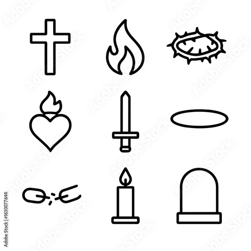 Martyr Icon Set. Outline icon set of martyr: cross, flame, crown of thorns, bleeding heart, sword, halo, broken chains, memorial