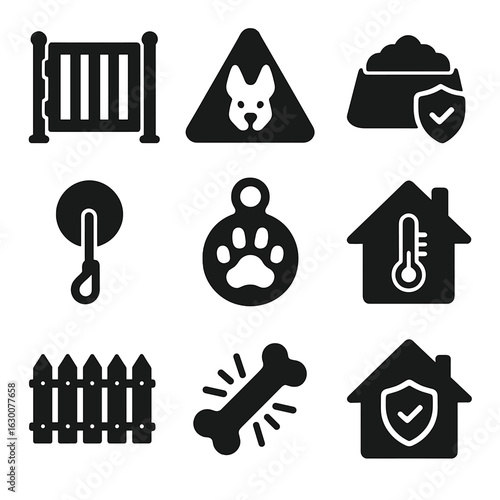 Pet Safety Icons. Solid, filled icons set of pet safety at home: pet gate, animal warning sign, food safety