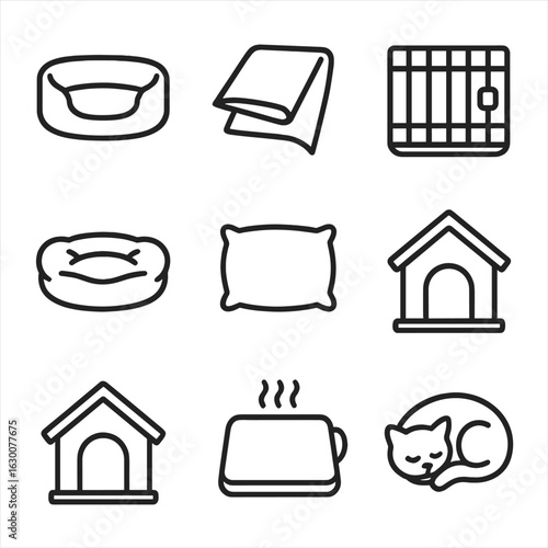 Pet Sleeping Icons. Outline icon set of pet sleeping areas: pet bed, blanket, crate, cushion, pillow, house,