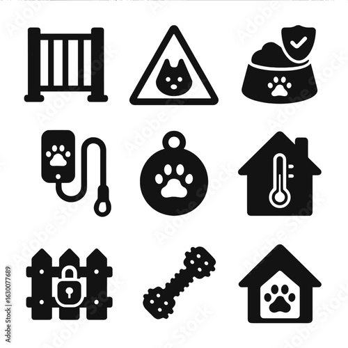 Pet Safety Icons. Solid, filled icons set of pet safety at home: pet gate, animal warning sign, food safety