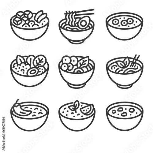 Meal Bowl Icon Set. Outline icon set of meal bowls: poke bowl, ramen bowl, smoothie bowl, buddha bowl, pho bowl, chili bowl, grain