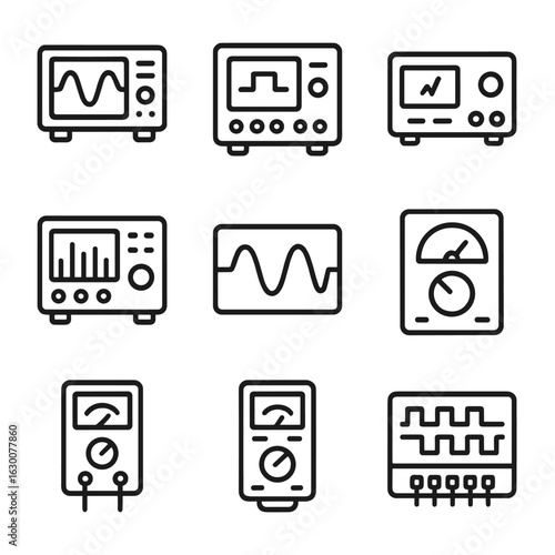 Measurement Tools Icons. Outline icon set of oscillator measurement tools: oscilloscope, frequency counter, signal generator,