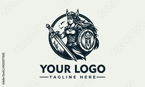 A stylized illustration of a warrior woman holding a sword and shield, within a circular frame.