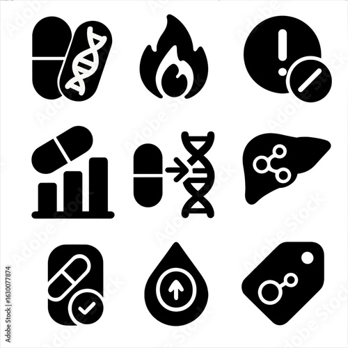 Pharmacogenomics Icon Set. Solid, filled icons set of pharmacogenomics: pill with DNA strand, metabolic rate