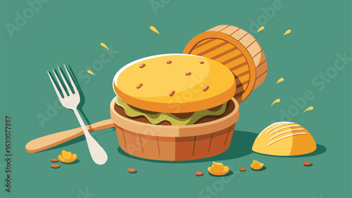 Illustration of a burger in a bamboo steamer with a fork and a dessert on a green background