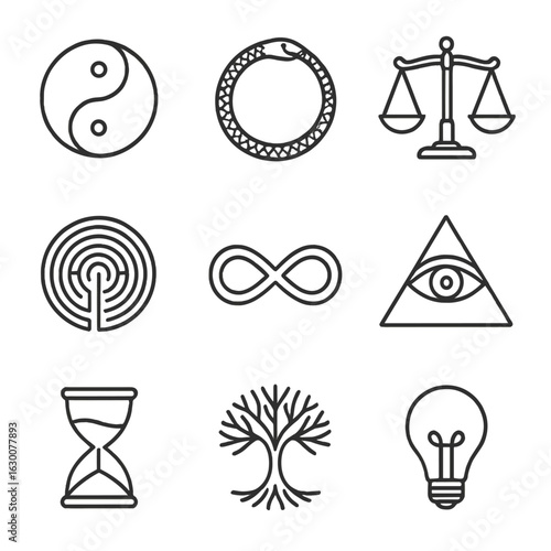 Philosophical Symbol Icons. Outline icon set of Philosophical symbols: yin yang, ouroboros, scales of justice,