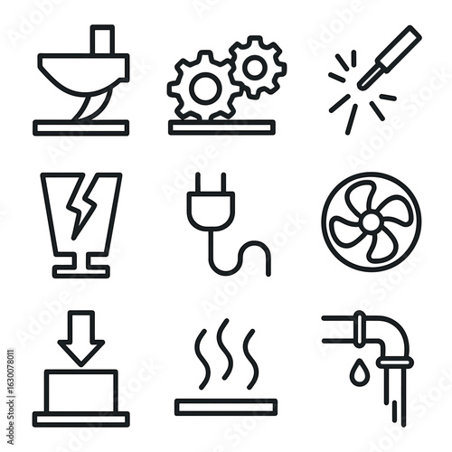 Mechanical Danger Icons. Outline icon set of mechanical dangers: sharp blade, crushing gear, welding sparks, broken glass,