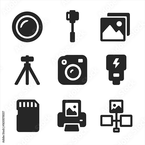 Photography Icon Set. Solid, filled icons set of photography and capturing moments: camera lens, selfie stick,