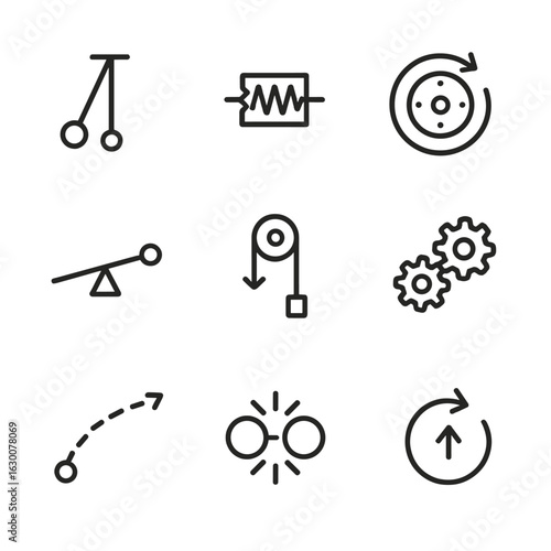 Mechanical Kinetics Icons. Outline icon set of mechanical kinetics: pendulum, spring oscillator, rotating wheel, lever arm, pulley