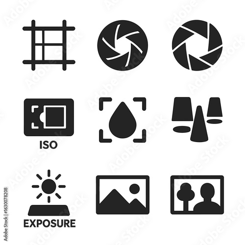 Photography Techniques Grid. Solid, filled icons set of photography techniques: rule of thirds, aperture,