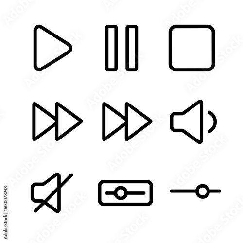 Media Icons Grid. Outline icon set of click in media: play button, pause button, stop button, rewind, fast forward, volume button,