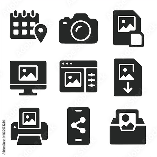 Photography Workflow Icons. Solid, filled icons set of photography workflow: planning, shooting, importing,