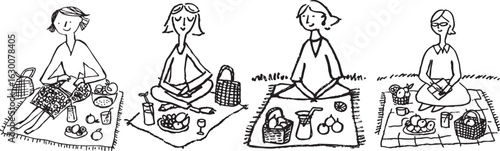 Four people are enjoying picnic, each sitting blanket with baskets and food items around them. scene is simple and relaxed, with variety of picnic essentials like drinks, fruits, and snacks