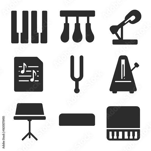 Piano Icon Set. Solid, filled icons set of Piano instrument parts: white keys, black keys, pedals, hammer