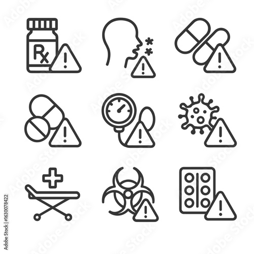 Medical Alert Icons. Outline icon set of medical warnings: prescription warning, allergy alert icon, drug interaction warning,