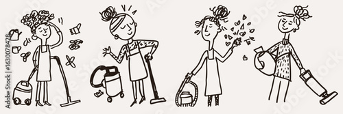 Cheerful illustrations of women cleaning with various tools like vacuums and brooms, showcasing playful and lively atmosphere
