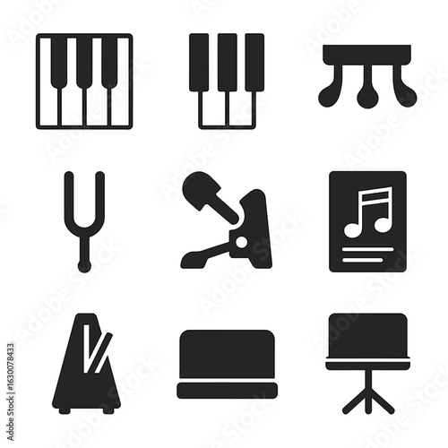 Piano Components Icons. Solid, filled icons set of Piano components close-up: white keys, black keys, pedals,