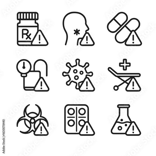 Medical Alert Icons. Outline icon set of medical warnings: prescription warning, allergy alert icon, drug interaction warning,