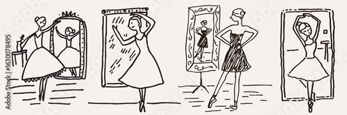 Four illustrations of woman practicing ballet in front of mirrors, showcasing different poses and outfits. sketches capture elegance and grace of ballet movements
