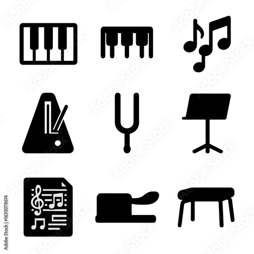 Piano Study Icons. Solid, filled icons set of Piano study setup: keyboard keys, pedals, music notes, metronome
