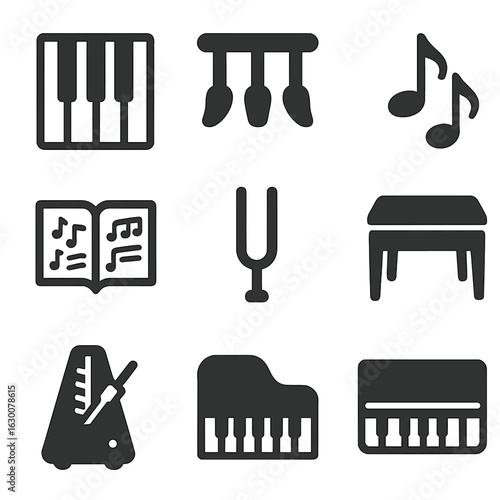 Piano Icon Set. Solid, filled icons set of Piano keys close-up: white keys, black keys, piano pedals, music