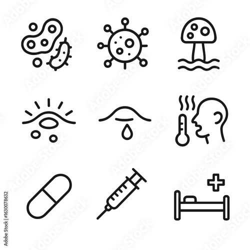 Medical Infection Icons. Outline icon set of wound-related infections: bacteria, virus, fungus, redness, pus, fever, antibiotic