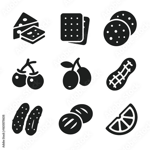 Picnic Appetizer Icons. Solid, filled icons set of picnic appetizer plate: cheese slices, crackers, salami,