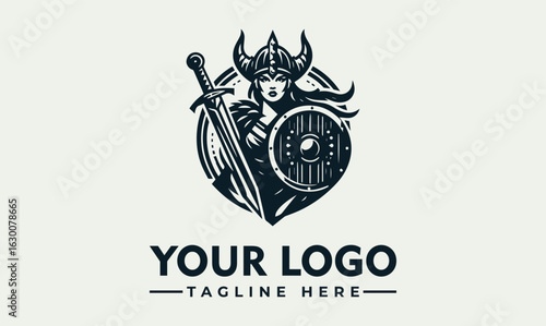 Illustration of a Viking warrior woman holding a shield and sword, wearing a horned helmet.