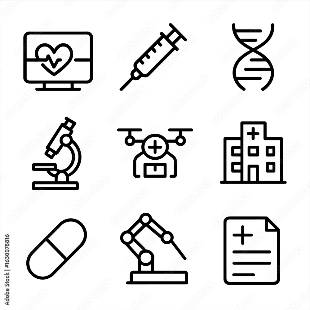 Fototapeta premium Medical Tech Icons. Outline icon set of medical technology: heart monitor, syringe, DNA helix, microscope, medical drone, hospital