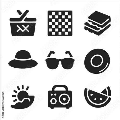 Picnic Icons Set. Solid, filled icons set of picnic with friends on a sunny day: picnic basket, checkered